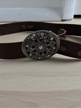Leather Brown Belt with Ornate Silver-Tone Crystal Buckle